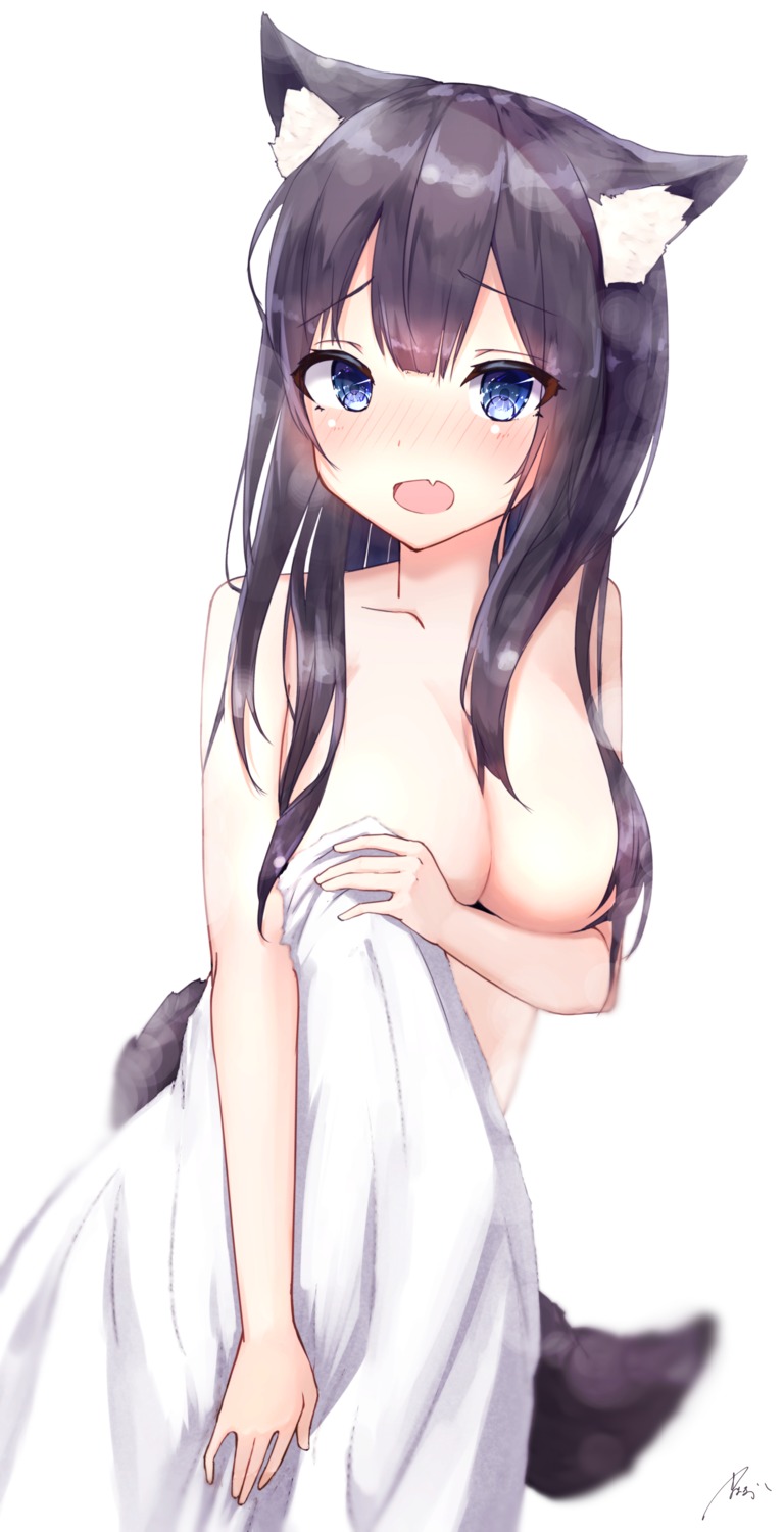 animal_ears breast_hold mayogii naked tail towel
