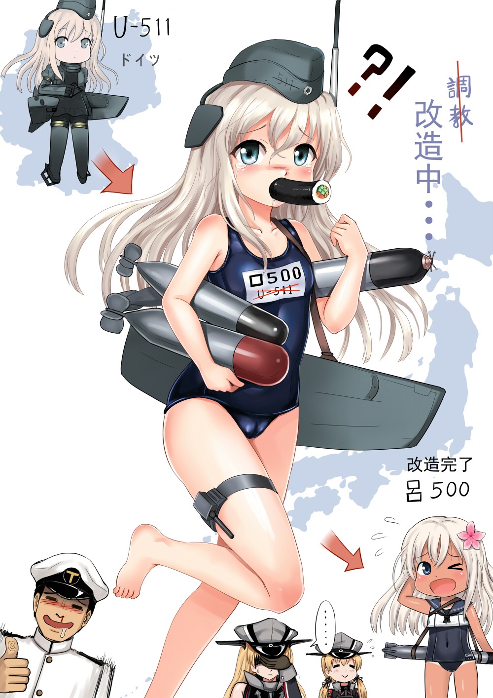 admiral_(kancolle) bismarck_(kancolle) bodysuit cameltoe feet kantai_collection prinz_eugen_(kancolle) ro-500 school_swimsuit swimsuits tan_lines u-511 y.ssanoha