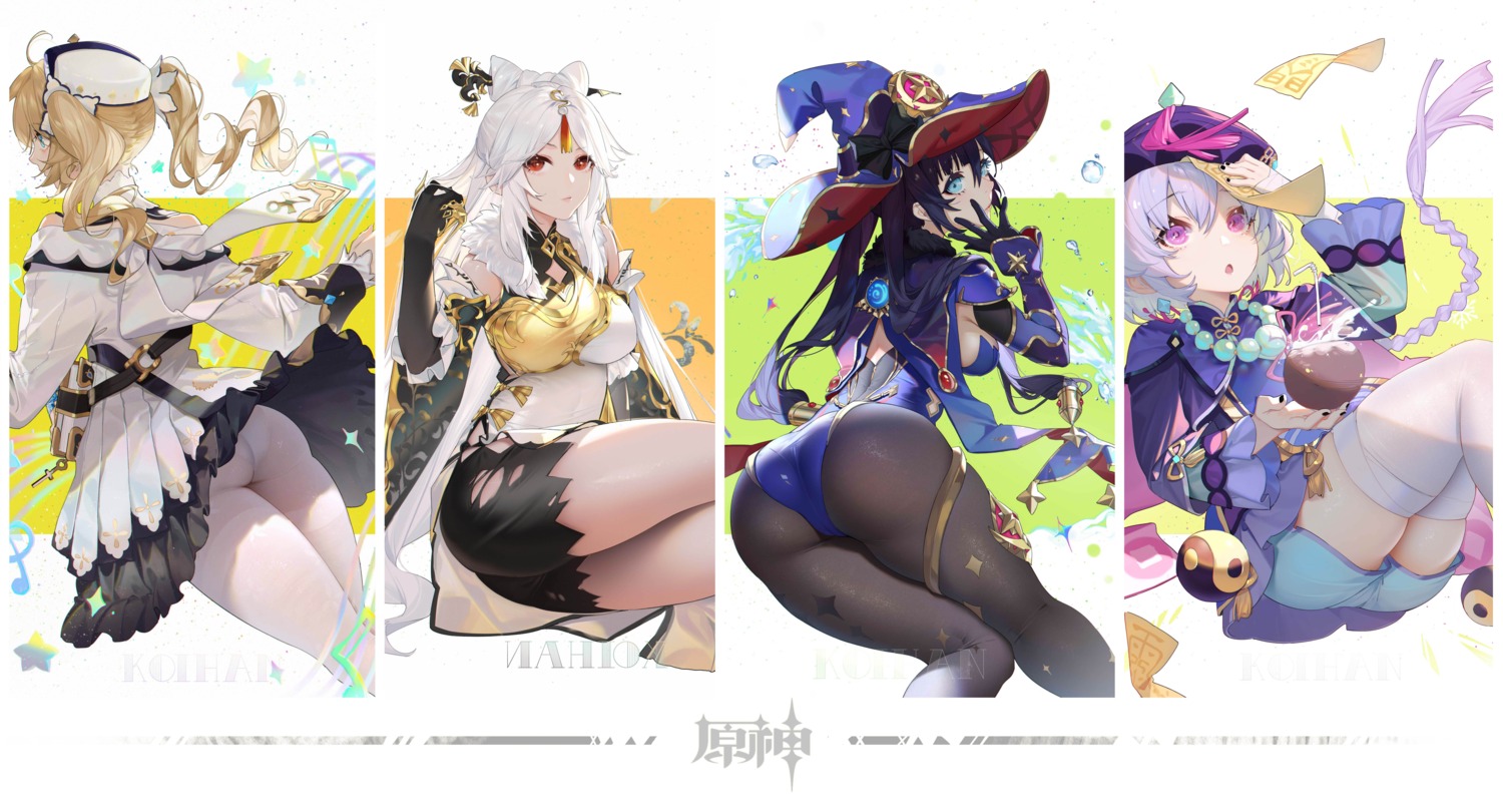 asian_clothes ass barbara_(genshin_impact) chinadress garter genshin_impact jpeg_artifacts koi_han leotard mona_megistus ningguang pantsu pantyhose qiqi skirt_lift thighhighs torn_clothes witch