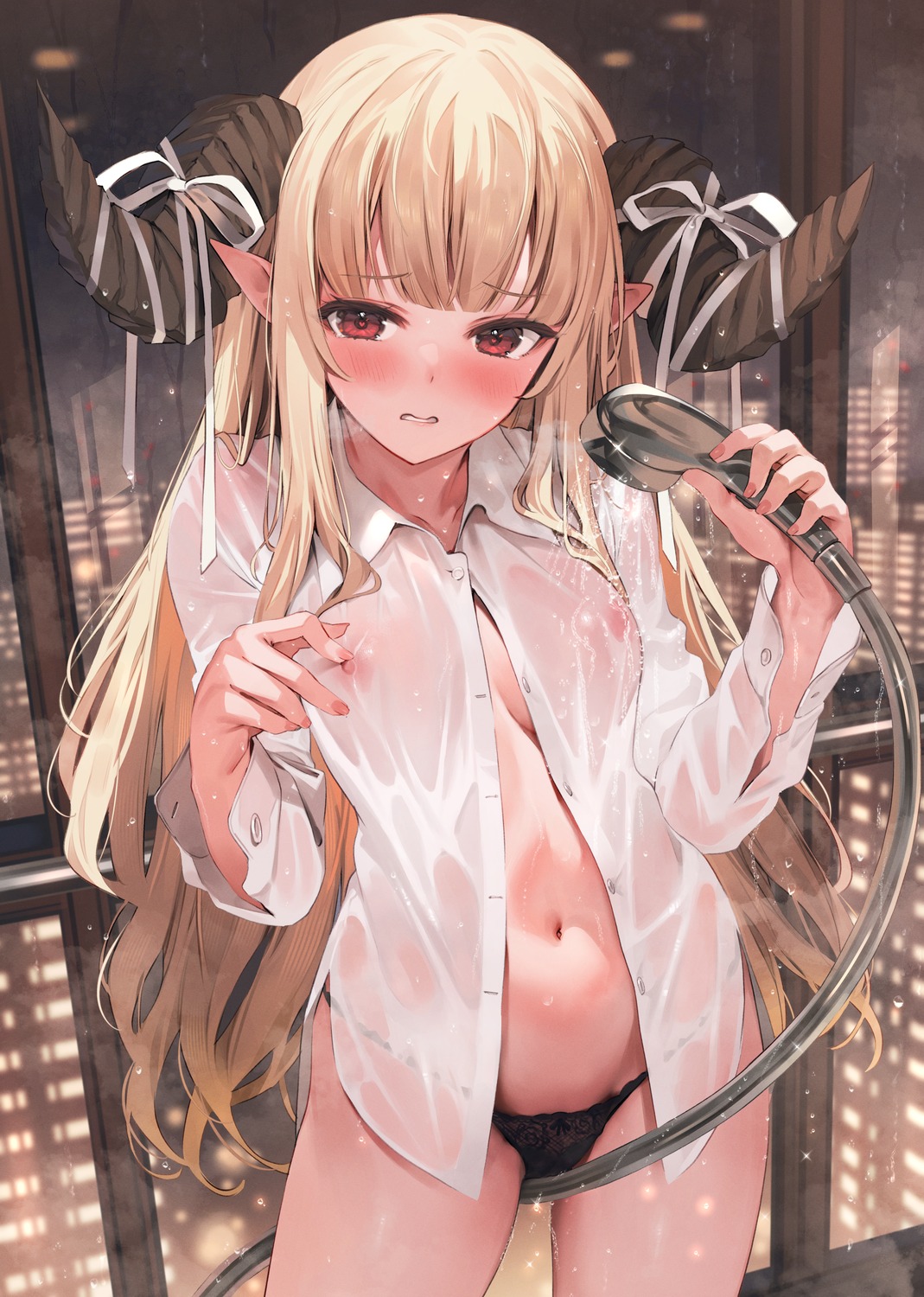 bathing dress_shirt horns nipples no_bra open_shirt pantsu paseri pointy_ears see_through wet wet_clothes