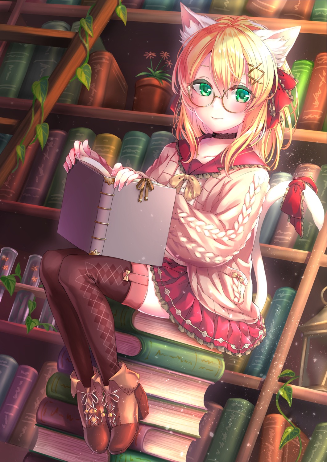 animal_ears heels megane nekomimi routo_(rot_0) sweater tail thighhighs