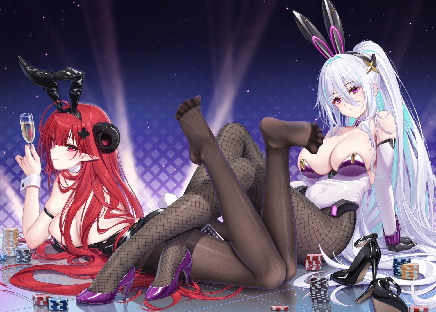 animal_ears azur_lane bunny_ears bunny_girl feet fishnets haneru heels hindenburg_(azur_lane) horns kearsarge_(azur_lane) no_bra pantyhose pointy_ears tail