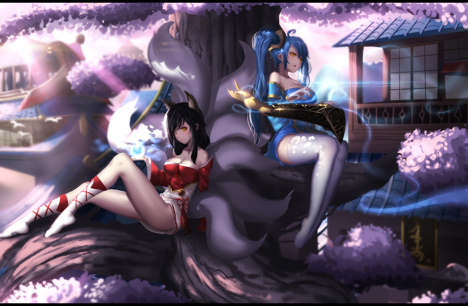 ahri animal_ears cleavage dress hk_(hk) league_of_legends nopan sona_buvelle tail thighhighs