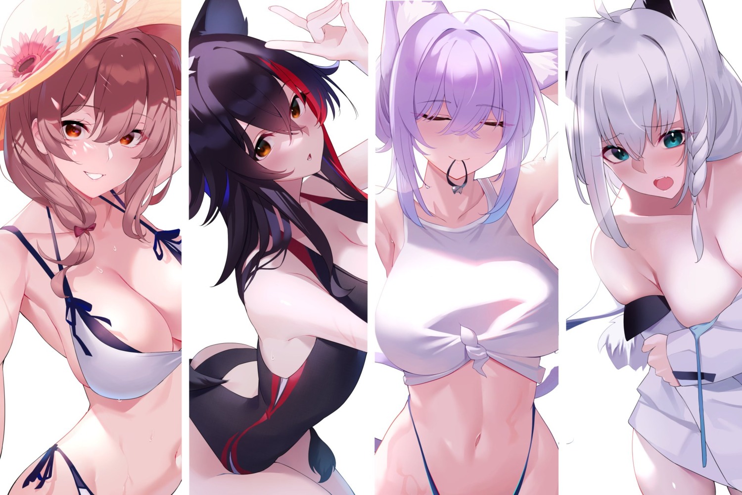 animal_ears bikini breast_hold hololive hololive_gamers inugami_korone inumimi kaneko_(bblogtinhan) kitsune nekomata_okayu nekomimi ookami_mio shirakami_fubuki swimsuits wardrobe_malfunction