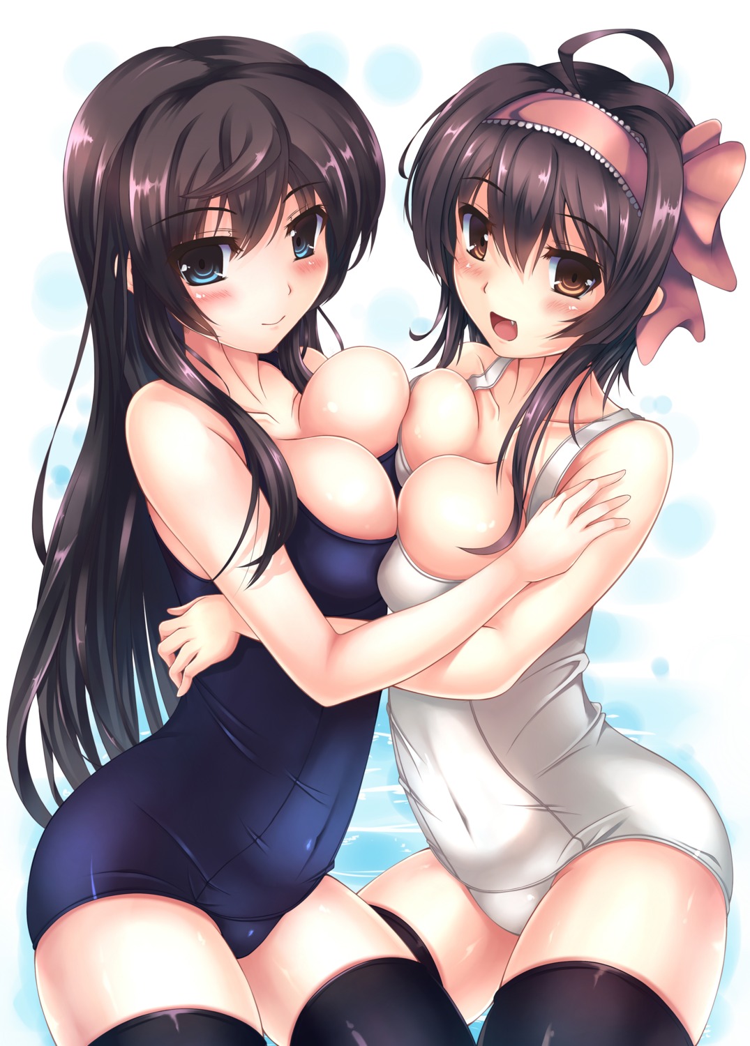 cleavage school_swimsuit swimsuits symmetrical_docking tenchou_no_matsumoto thighhighs