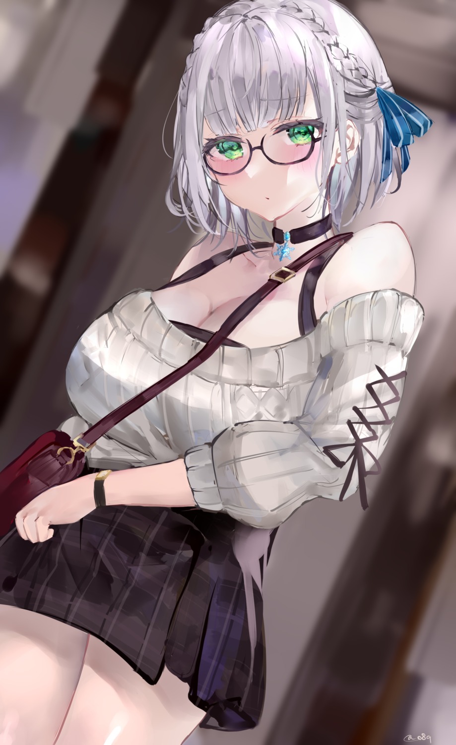 cleavage hololive megane mile_(off8mile) shirogane_noel skirt_lift sweater