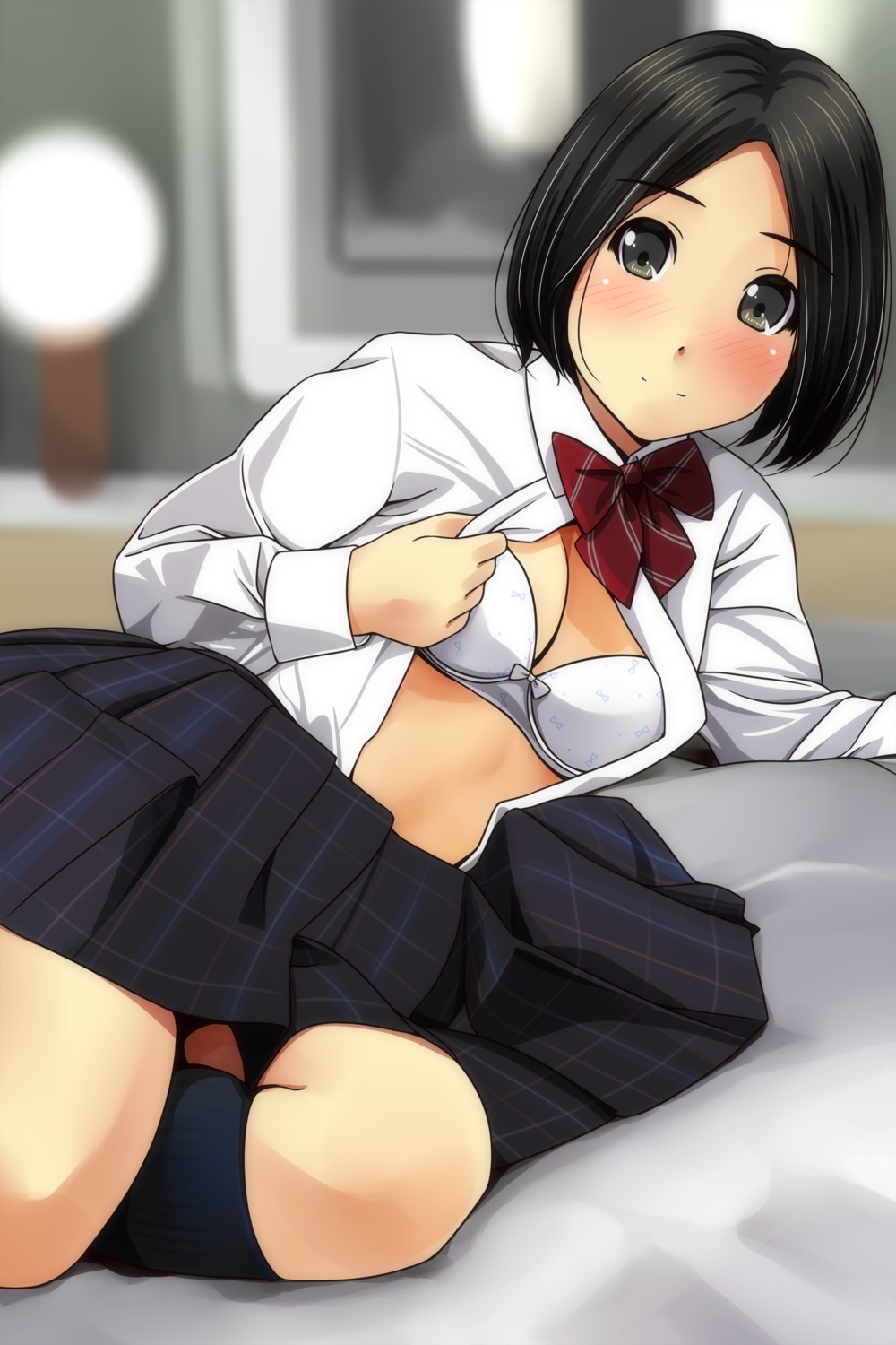 bra cleavage matsunaga_kouyou open_shirt seifuku skirt_lift