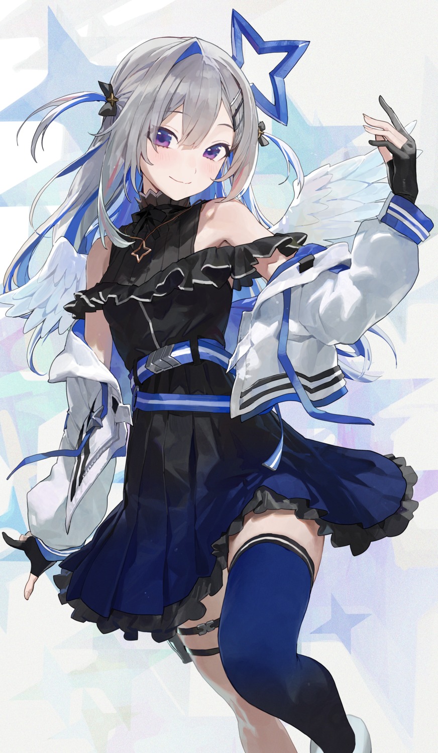 amane_kanata angel dress garter hololive mossi thighhighs wings