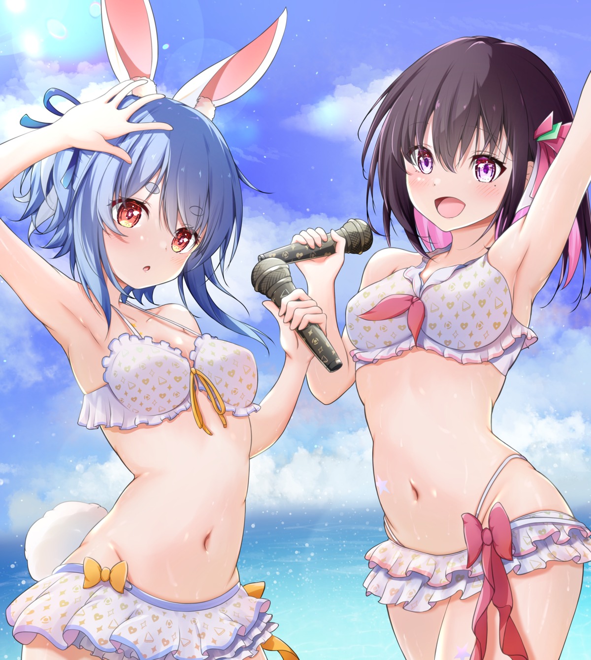 animal_ears azki_(hololive) bikini bunny_ears hololive karankoron swimsuits tail usada_pekora wet