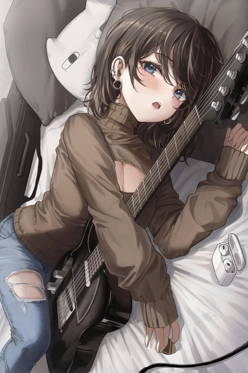 2gong_(9ujin_) cleavage guitar sweater torn_clothes