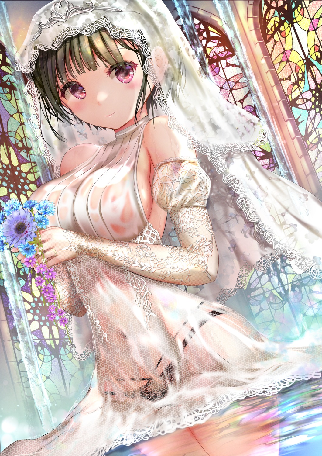 dress fishnets no_bra ogata_tei pantsu see_through wedding_dress wet wet_clothes