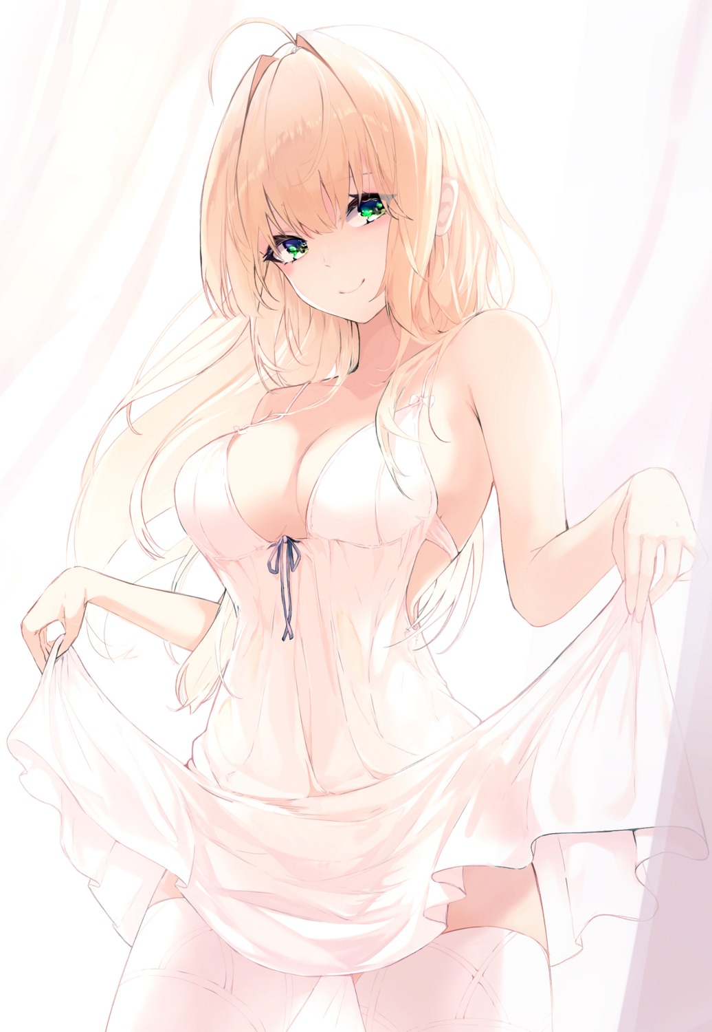 dress fate/grand_order kooemong no_bra saber_extra skirt_lift summer_dress thighhighs