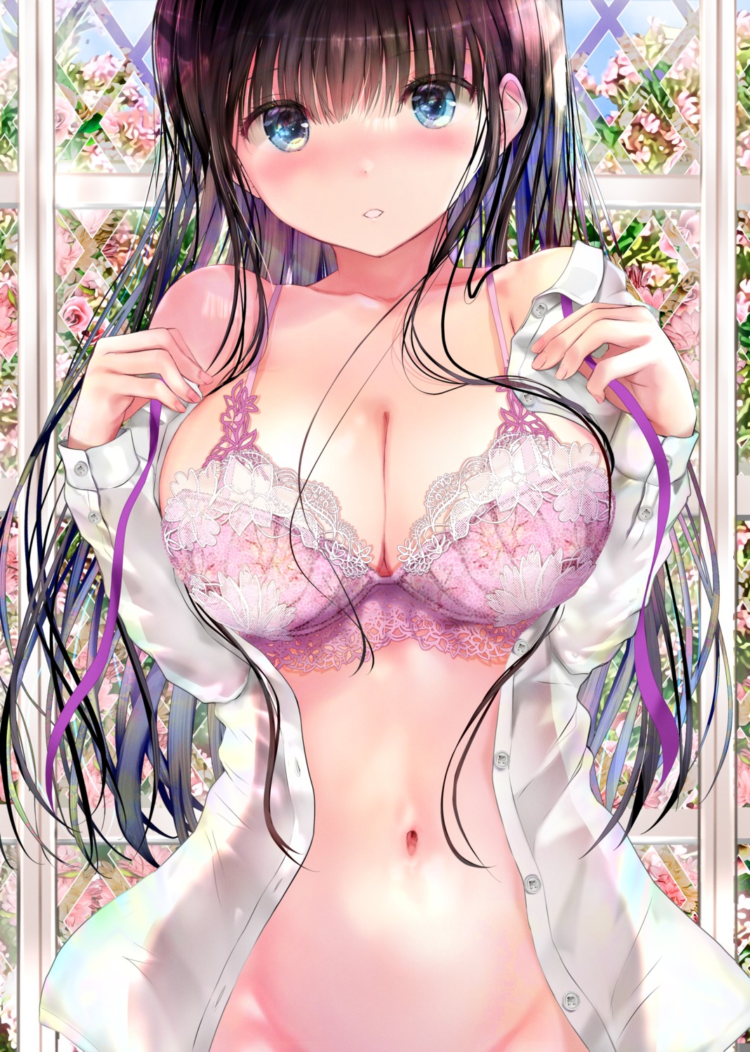 bottomless bra lingerie ogata_tei open_shirt see_through seifuku