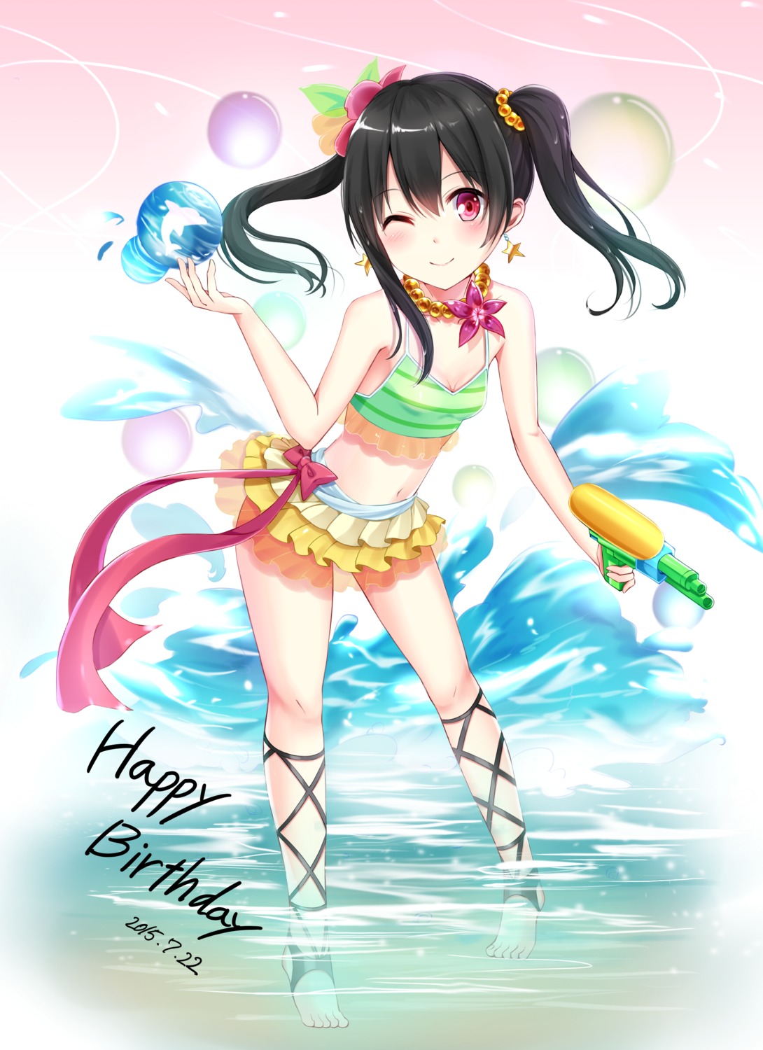 cleavage feet gun karumayu love_live! swimsuits wet yazawa_nico