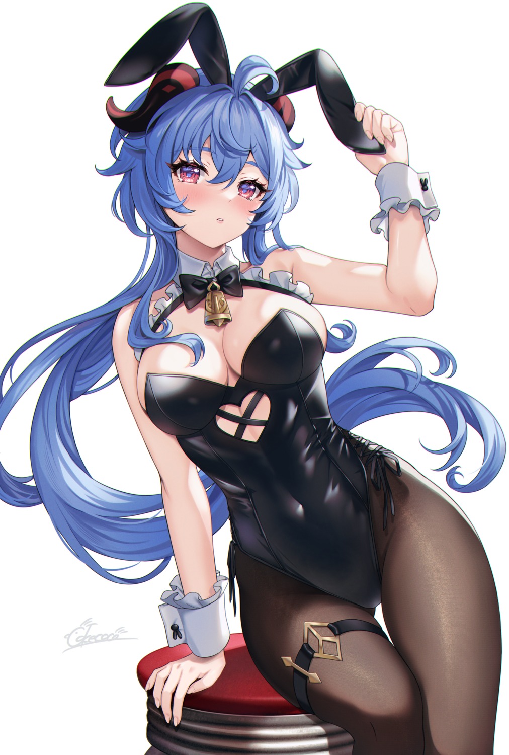 animal_ears bunny_ears bunny_girl cokecoco ganyu garter genshin_impact horns no_bra pantyhose