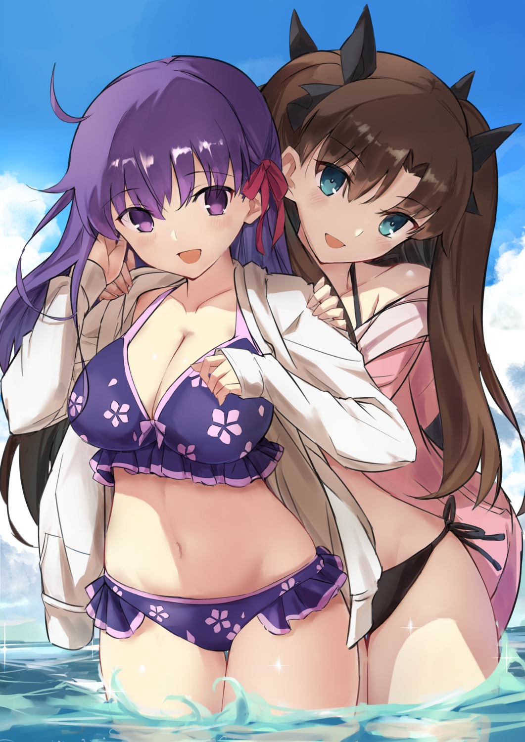 a-senmei bikini cleavage fate/stay_night matou_sakura open_shirt sketch swimsuits toosaka_rin wet