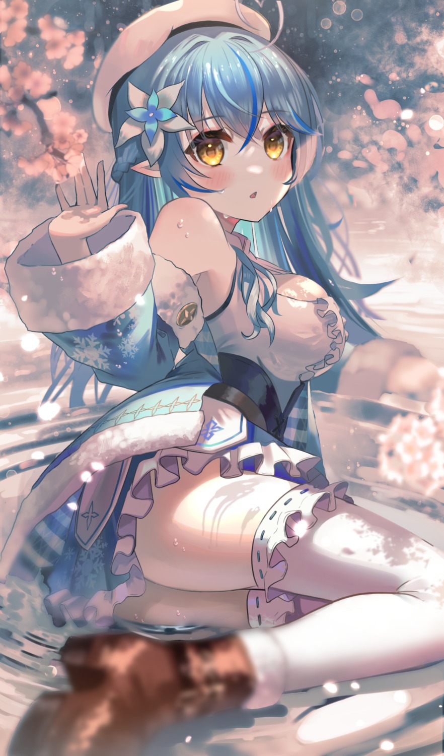 dodota elf heels hololive pointy_ears skirt_lift thighhighs wet yukihana_lamy