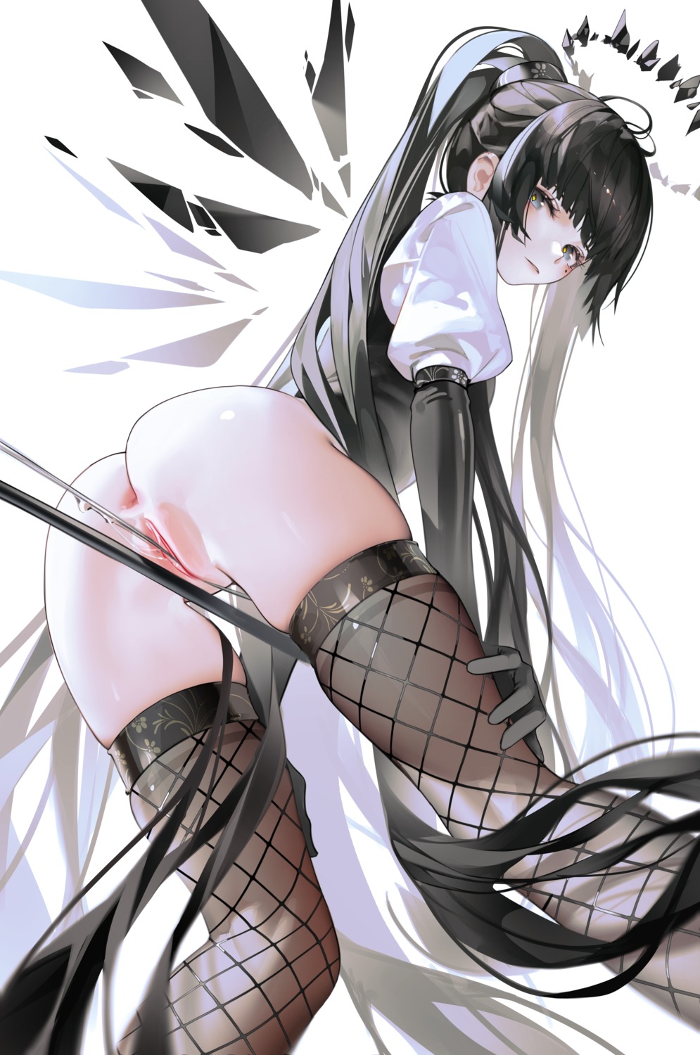 angel anus arknights ass bottomless fishnets iumu pussy pussy_juice thighhighs uncensored virtuosa_(arknights) wings