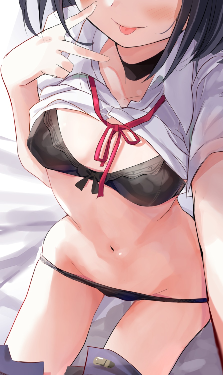bra erect_nipples pantsu panty_pull seifuku selfie shirt_lift toshizou_(0714)