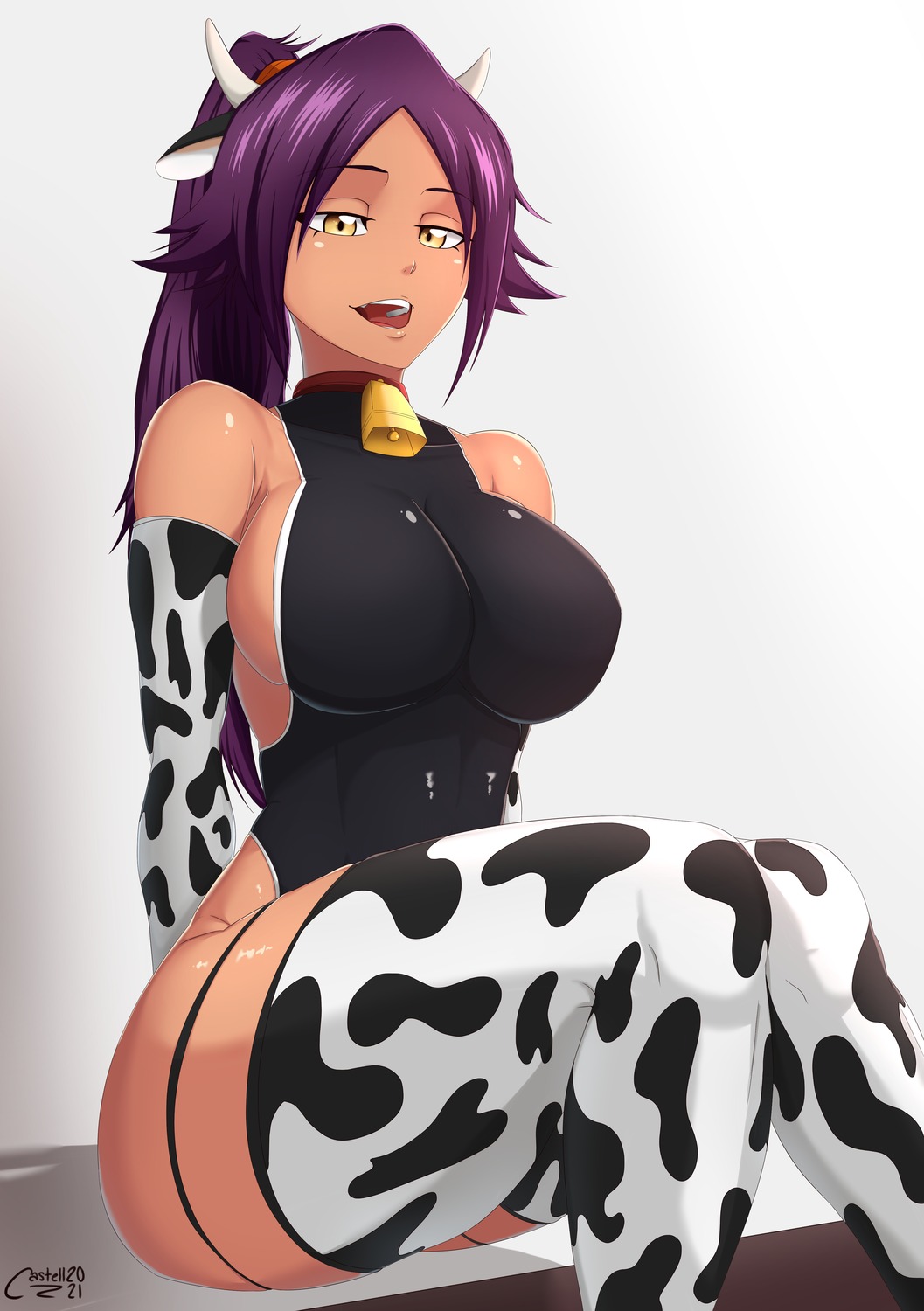 animal_ears bleach castell garter horns leotard no_bra shihouin_yoruichi thighhighs