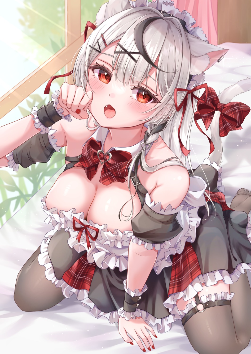 animal_ears hololive maid nekomimi no_bra null_illust sakamata_chloe stockings tail thighhighs