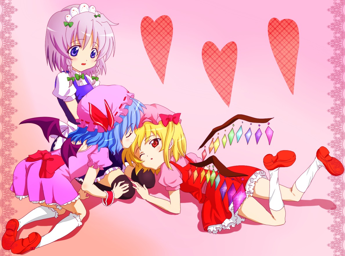 flandre_scarlet higurashi_no_naku_koro_ni izayoi_sakuya kohaku. maid parody remilia_scarlet thighhighs touhou wings