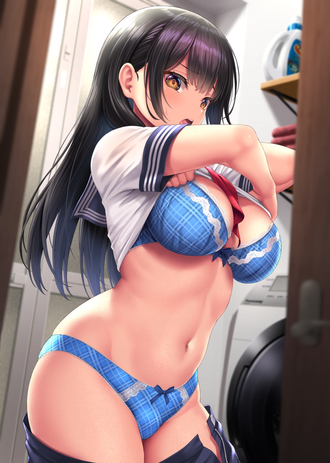 bra kase_daiki lingerie pantsu seifuku shirt_lift undressing