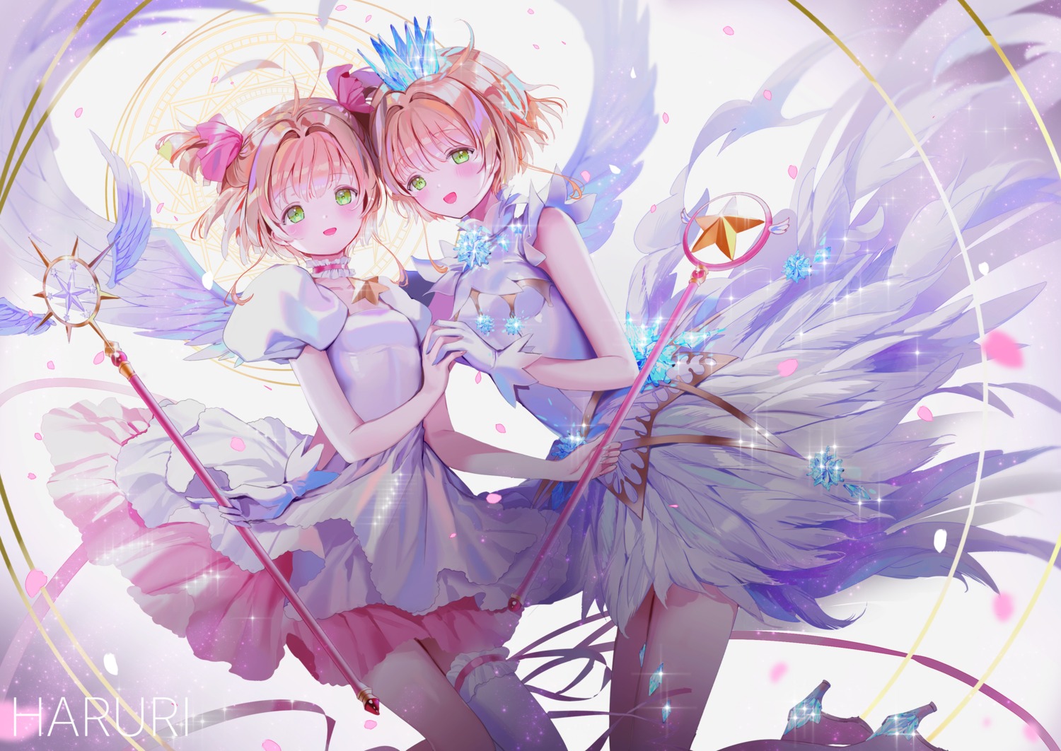 card_captor_sakura garter haruri heels kinomoto_sakura thighhighs weapon wings