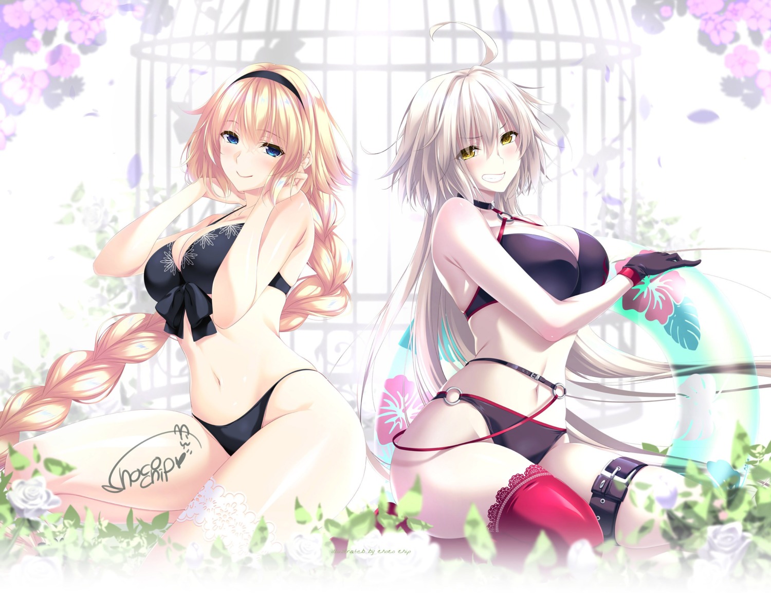 bikini breast_hold choco_chip cleavage fate/grand_order garter jeanne_d'arc jeanne_d'arc_(alter)_(fate) jeanne_d'arc_(fate) swimsuits thighhighs