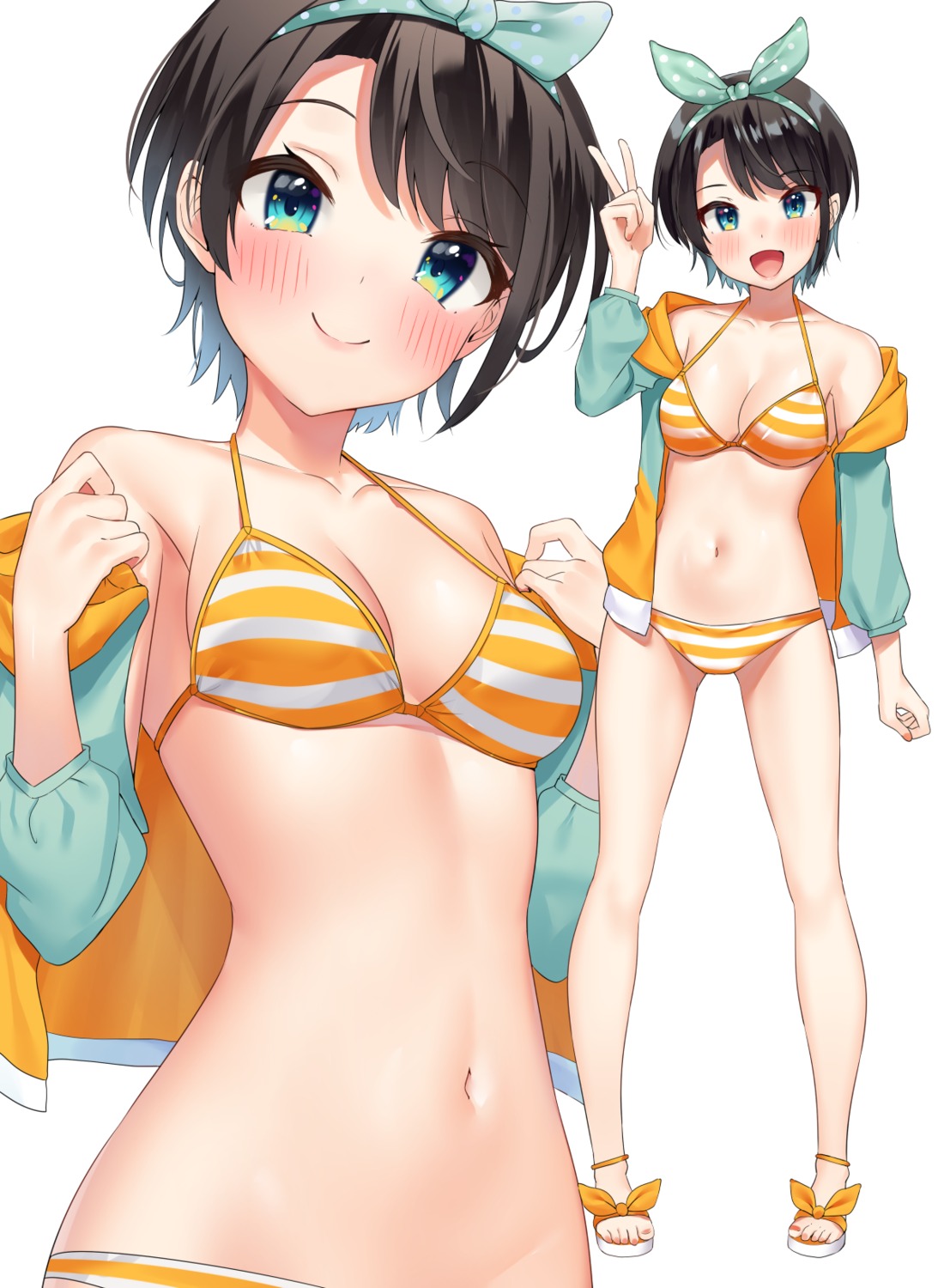 bikini hololive k_mugura oozora_subaru open_shirt swimsuits undressing