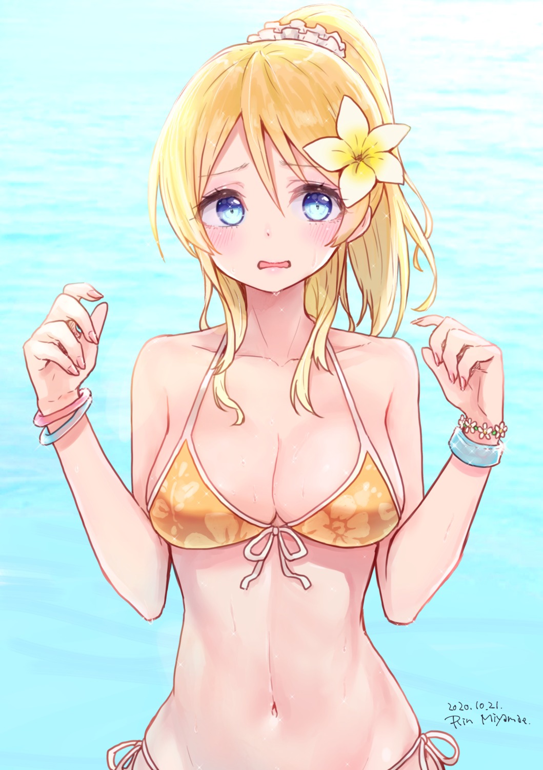 ayase_eli bikini cleavage love_live! miyamae_porin swimsuits wet