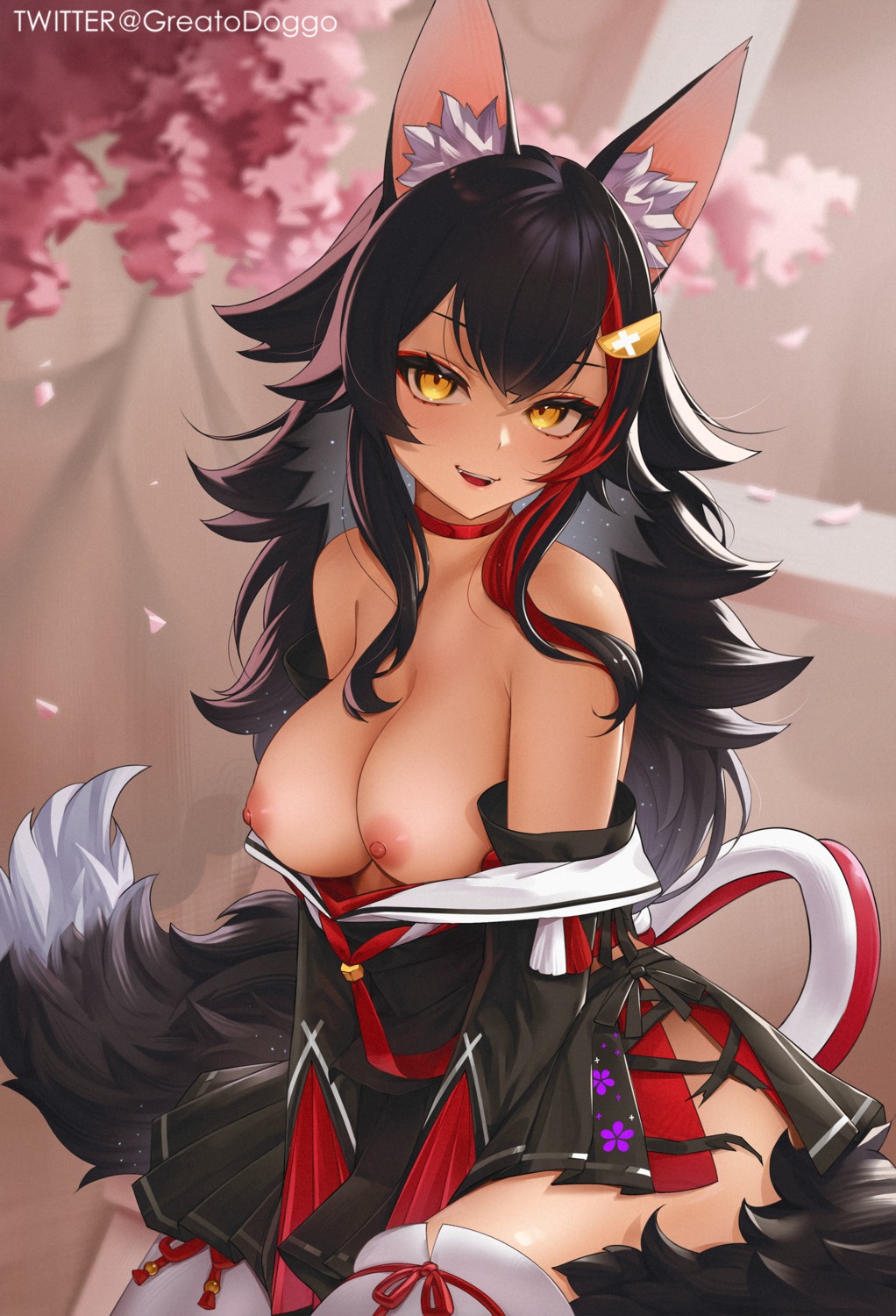 animal_ears breasts greatodoggo hololive hololive_gamers japanese_clothes nipples no_bra ookami_mio open_shirt tail thighhighs