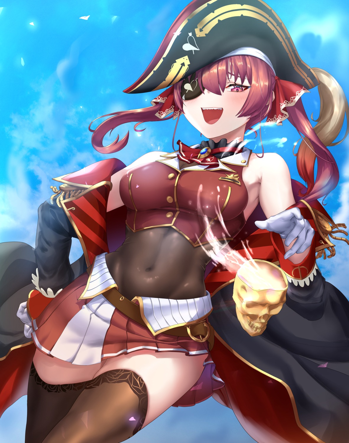 eyepatch hololive houshou_marine panamuru pirate skirt_lift thighhighs