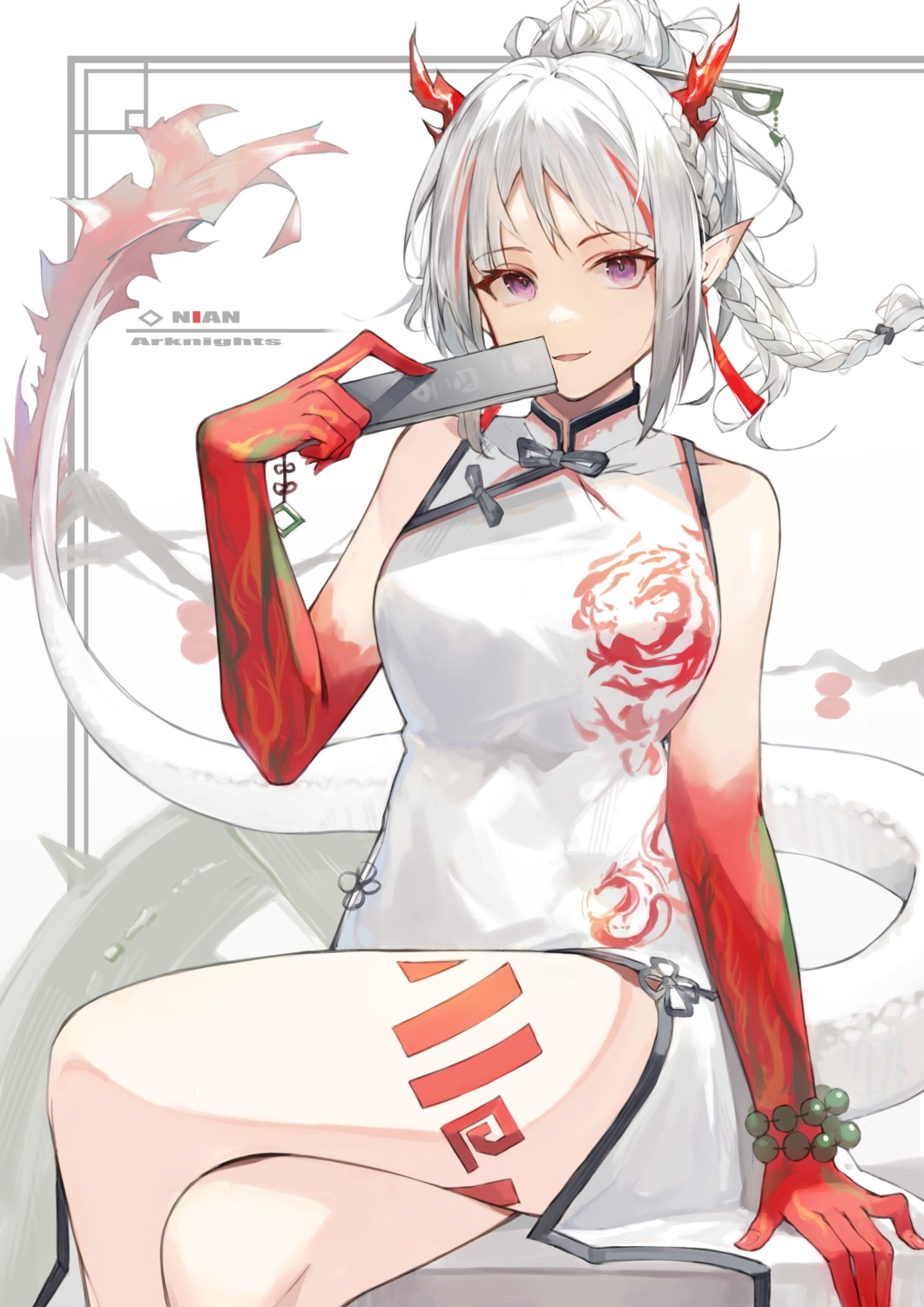 arknights chinadress horns nian_(arknights) pointy_ears skirt_lift taht_(that_is_mm) tail tattoo