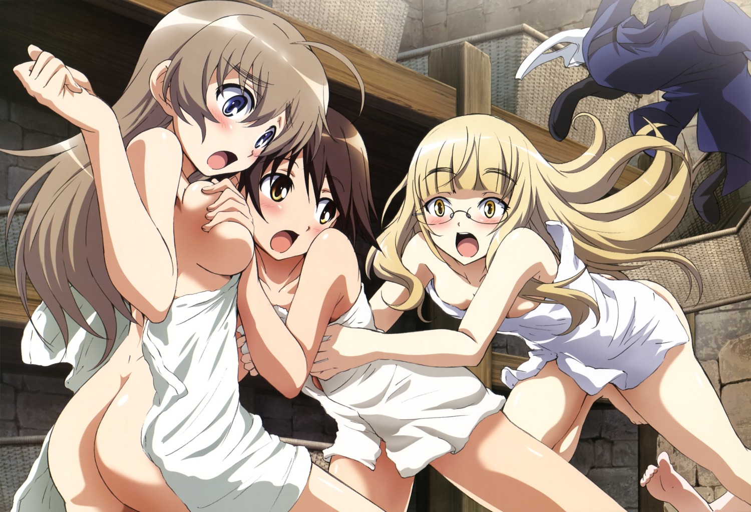 ass breast_grab loli lynette_bishop megane miyafuji_yoshika naked perrine-h_clostermann strike_witches tamura_masafumi towel yuri