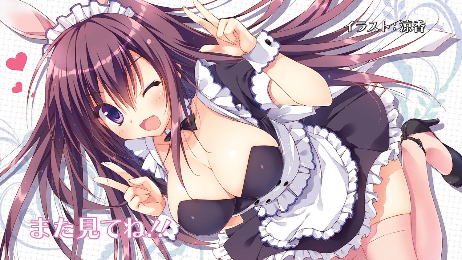 absolute_duo animal_ears bunny_ears cleavage endcard heels maid ryohka thighhighs tsukimi_rito wallpaper