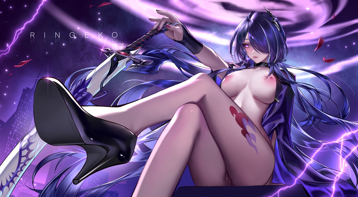 acheron bottomless breasts heels honkai:_star_rail nipples no_bra open_shirt pussy ringeko-chan sword tattoo uncensored