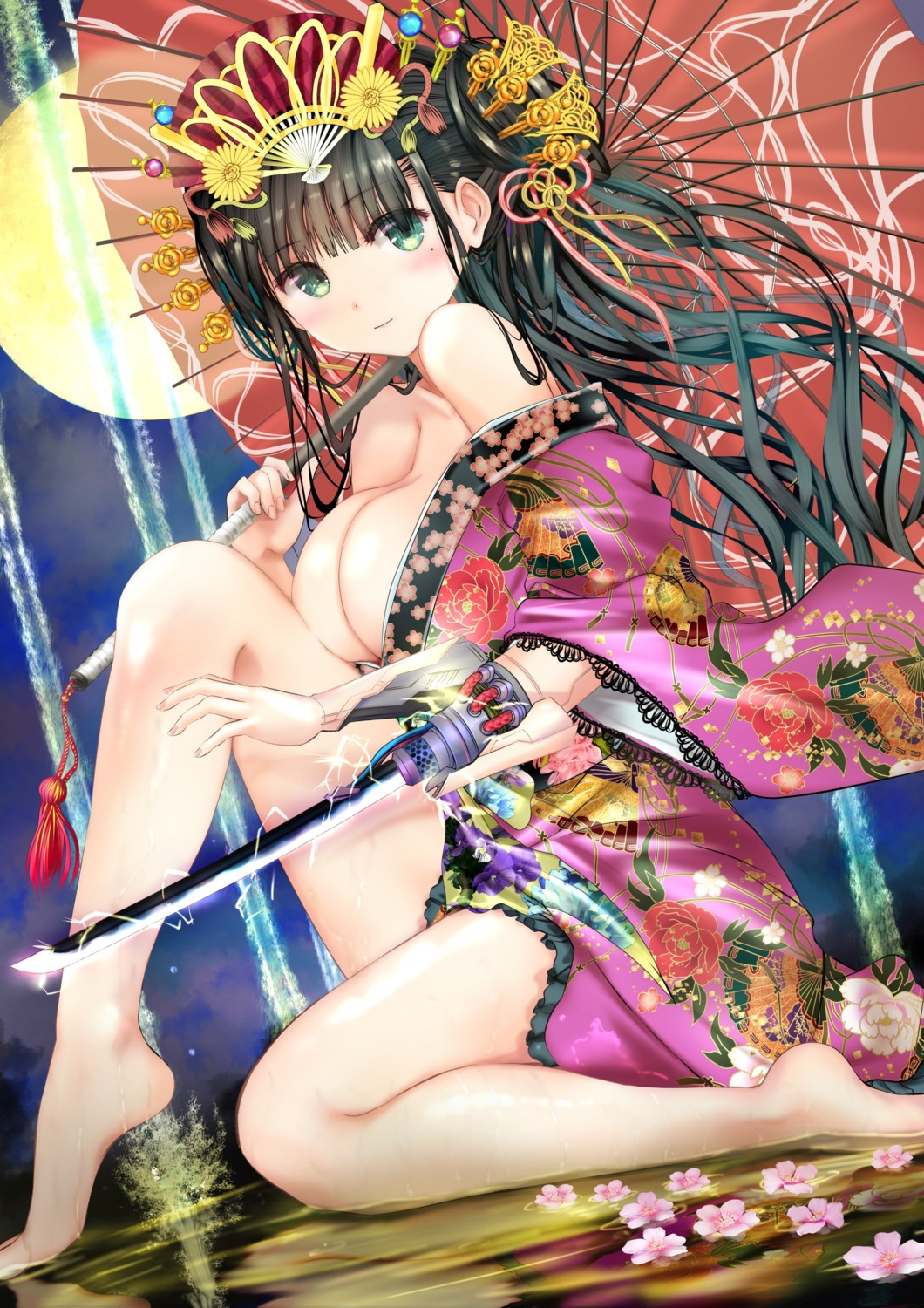 kimono mecha_musume no_bra ogata_tei open_shirt skirt_lift sword umbrella