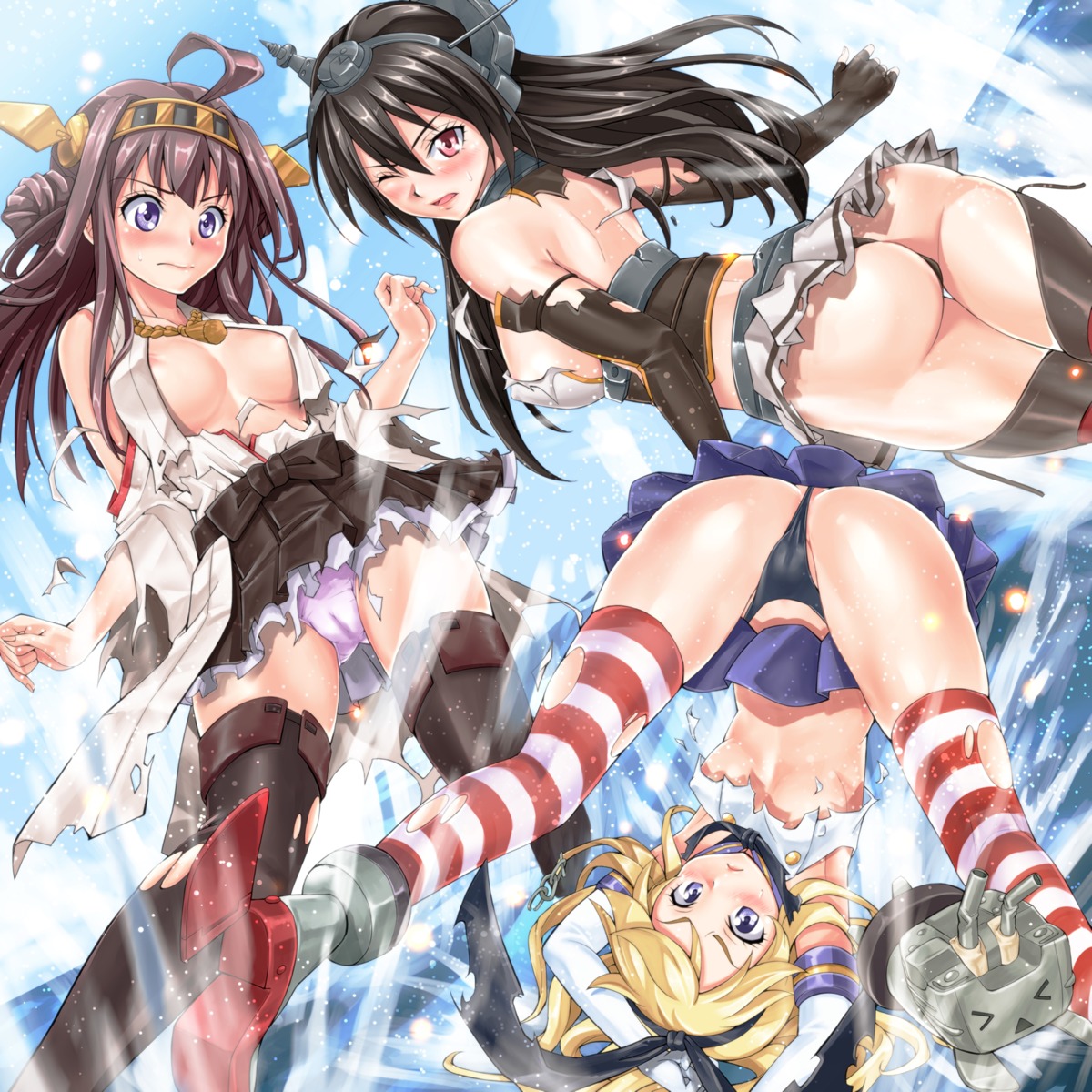 areola ass cameltoe erect_nipples heels kantai_collection kongou_(kancolle) kotatsu_(kotatsu358) nagato_(kancolle) no_bra pantsu rensouhou-chan shimakaze_(kancolle) thighhighs thong torn_clothes underboob