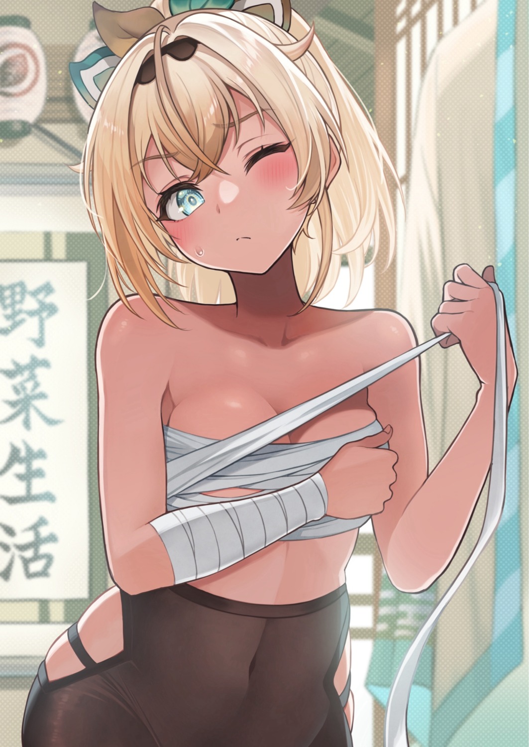 @-you_(you_2023_8_16) bandages breast_hold hololive kazama_iroha pantyhose sarashi undressing