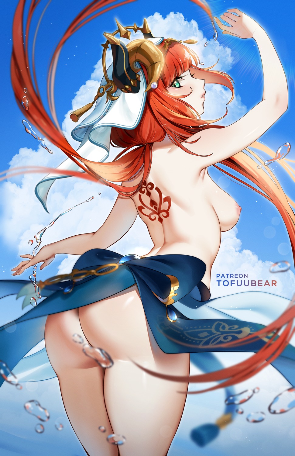 ass censored genshin_impact horns nilou nipples nopan skirt_lift tattoo tofuubear topless