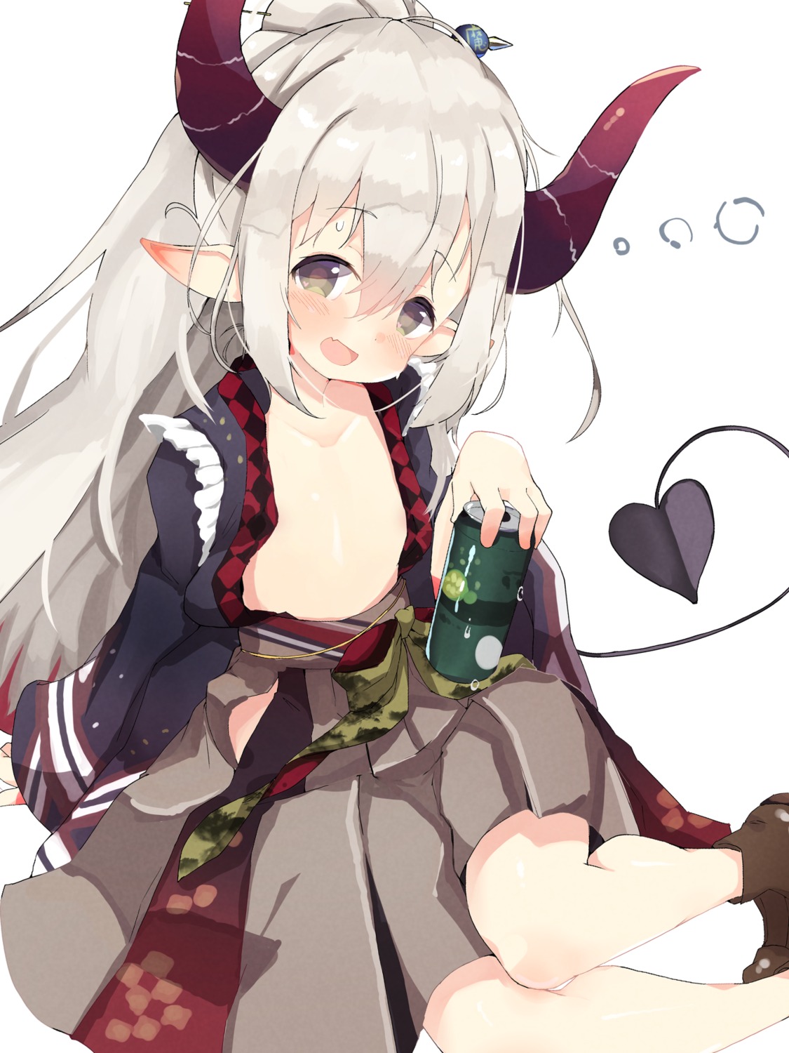 horns japanese_clothes loli no_bra open_shirt pointy_ears tail teranekosu