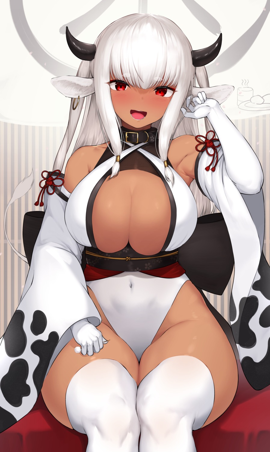 animal_ears horns japanese_clothes leotard mathew_(srmmk_mce) no_bra thighhighs