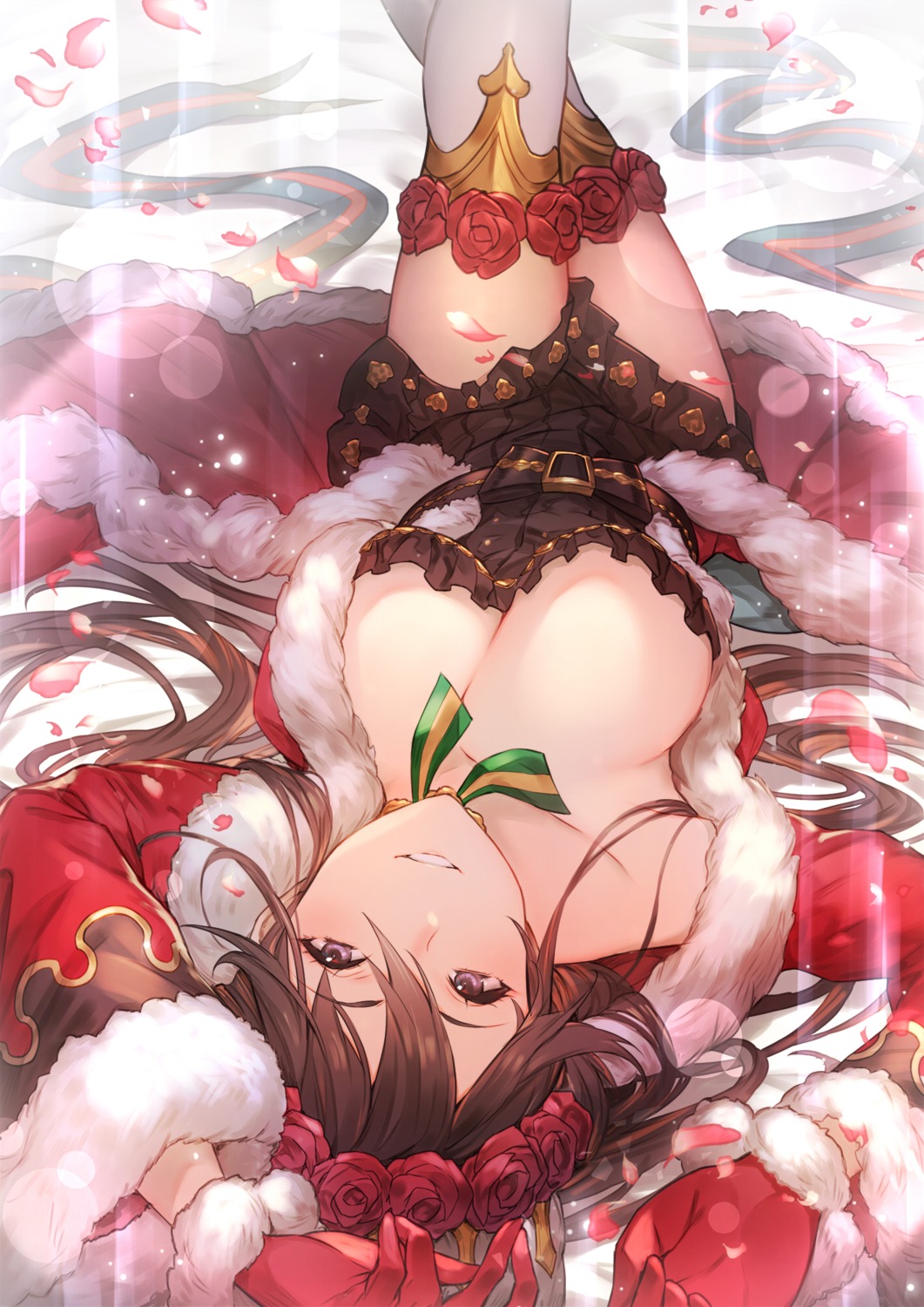 christmas dress granblue_fantasy kakage no_bra rosetta_(granblue_fantasy) skirt_lift thighhighs