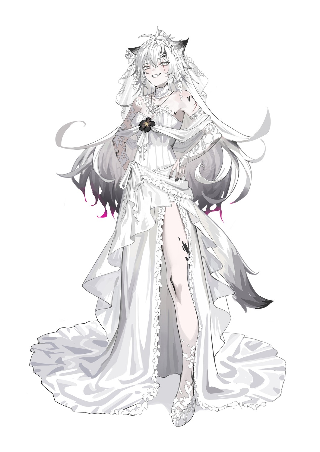 animal_ears arknights dress krin lappland_(arknights) monochrome tail wedding_dress