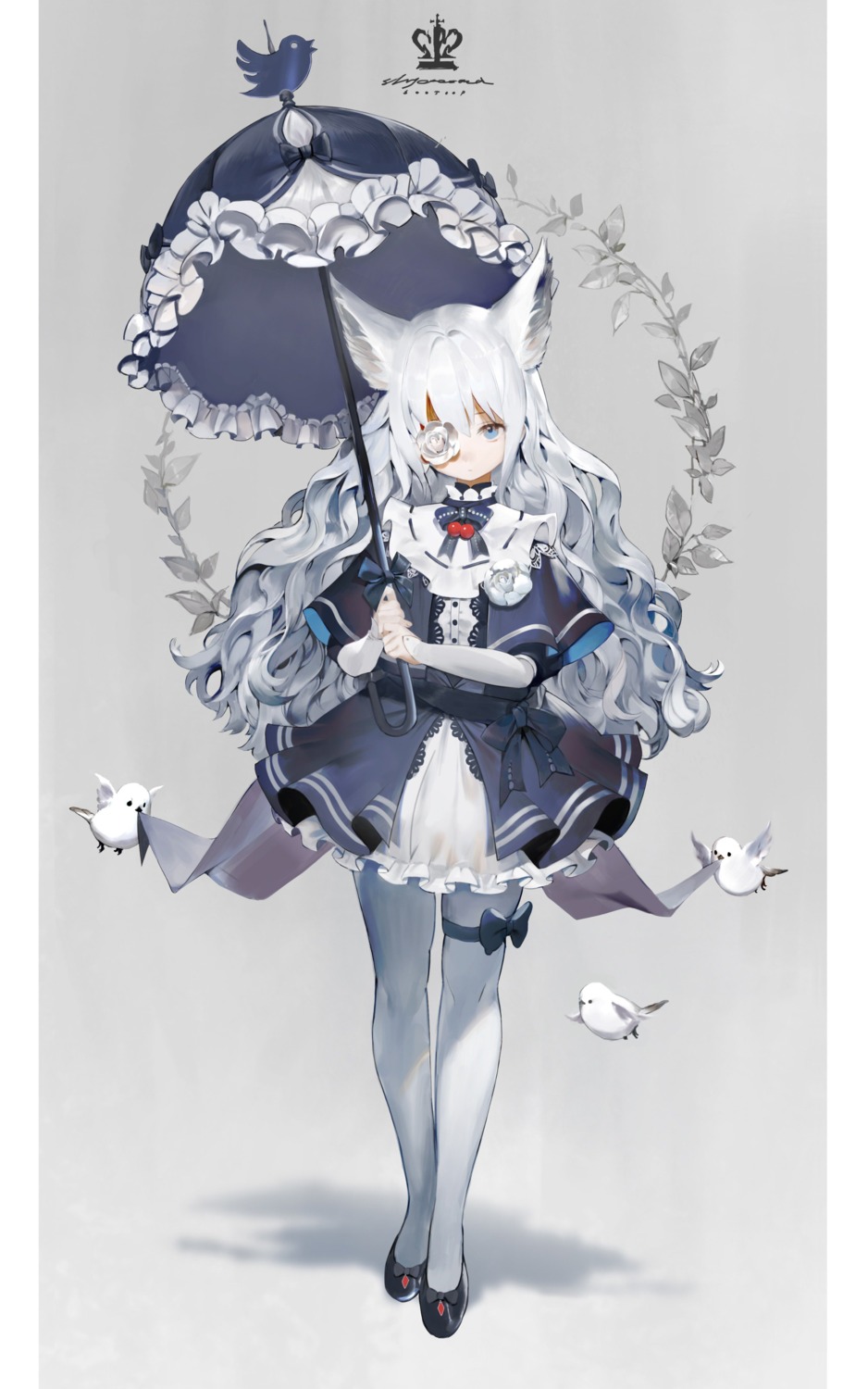 animal_ears dress eyepatch garter gothic_lolita lolita_fashion nekomimi pantyhose shycocoa umbrella