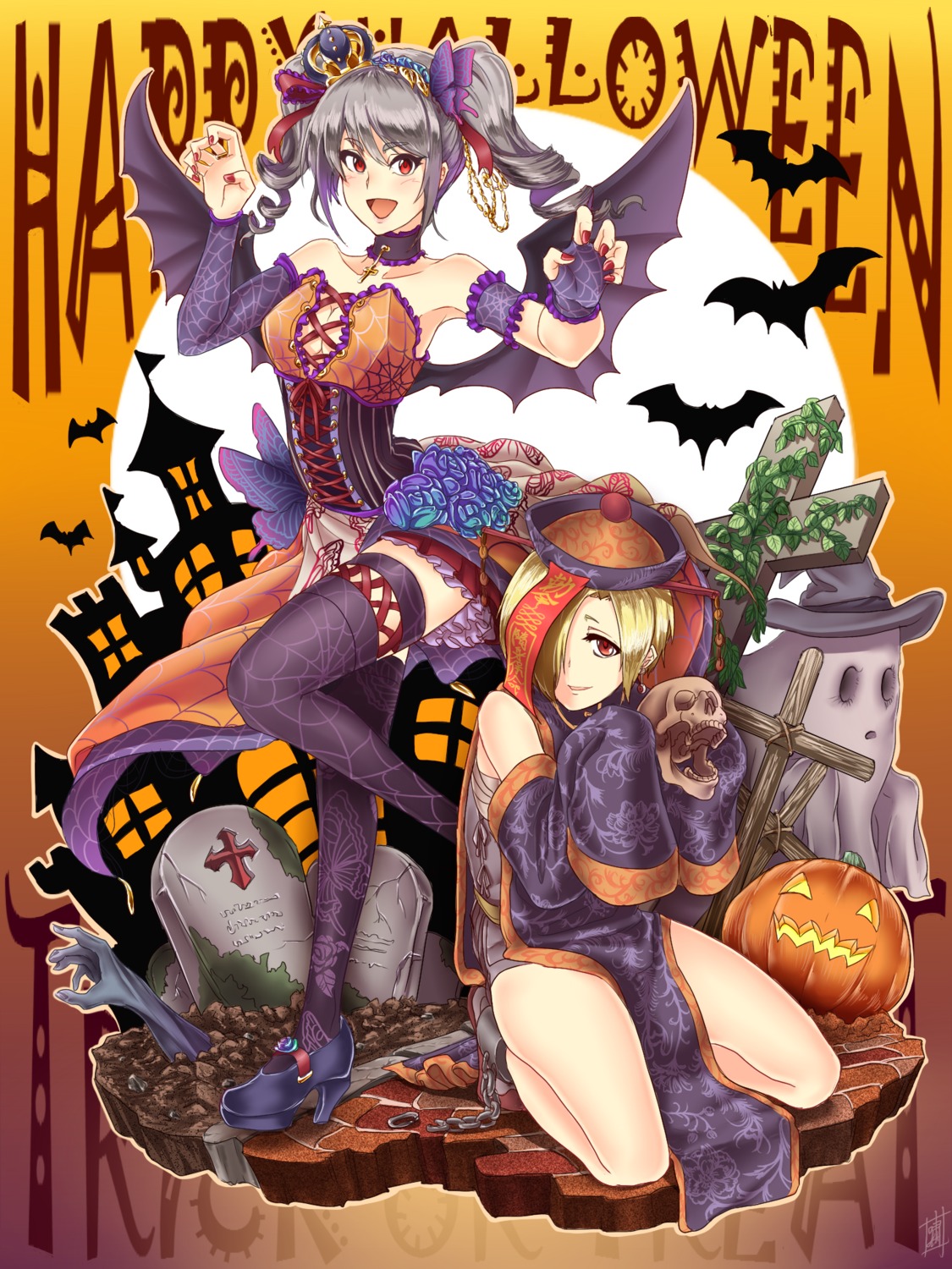 cleavage halloween heels kanzaki_ranko no_bra sarashi shao_(newton) shirasaka_koume the_idolm@ster the_idolm@ster_cinderella_girls thighhighs wings