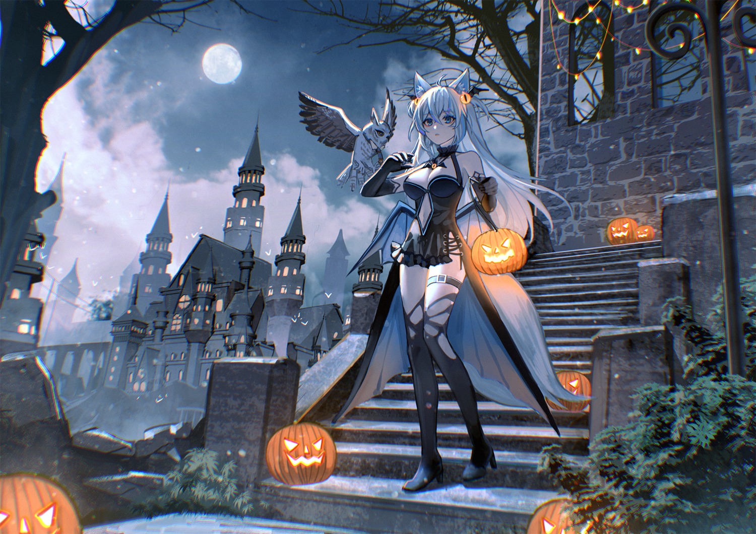 animal_ears garter hakuro halloween heels indie_virtual_youtuber no_bra tail thighhighs torn_clothes wings