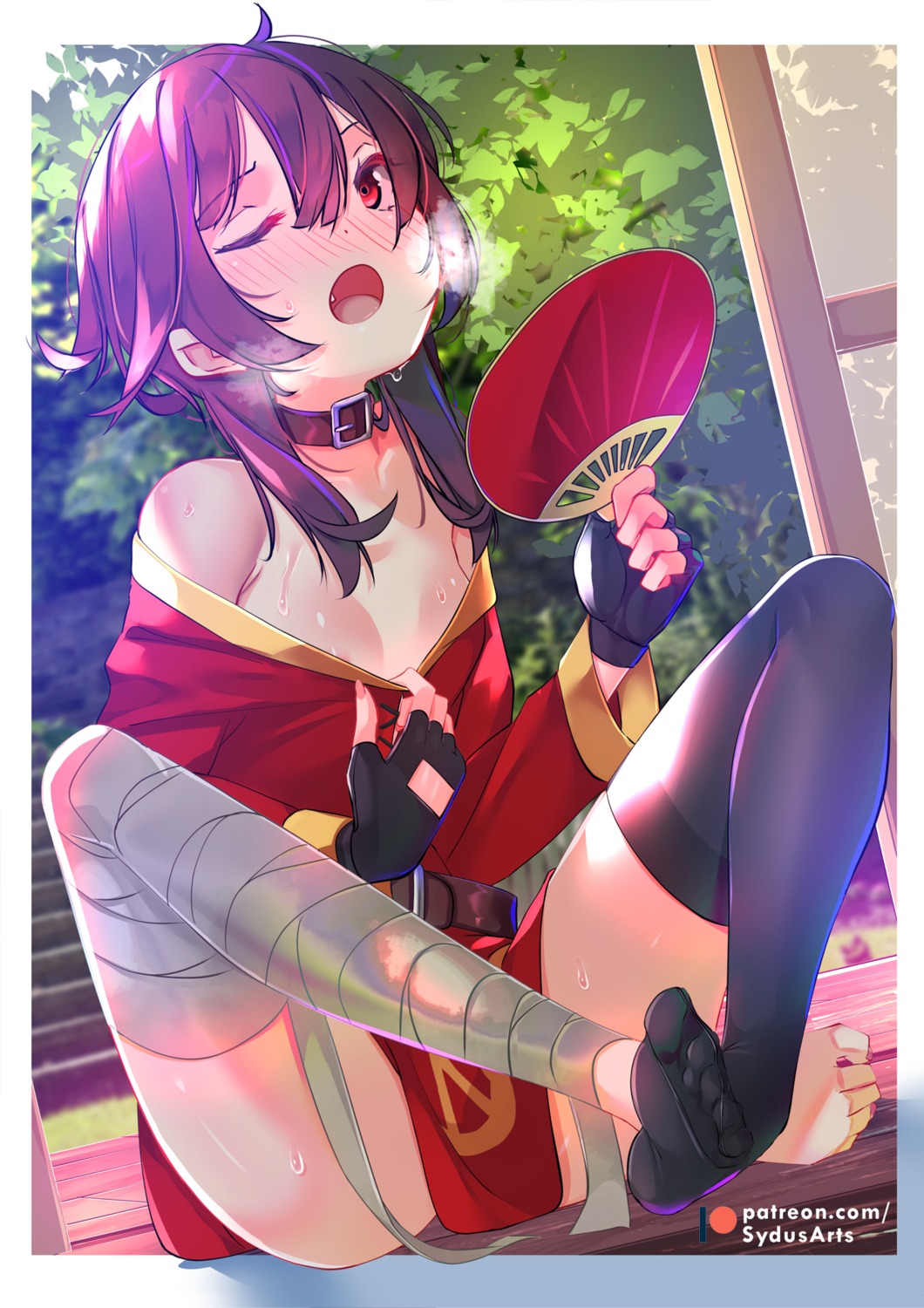 bandages dress feet kono_subarashii_sekai_ni_shukufuku_wo! megumin no_bra open_shirt skirt_lift sydus thighhighs