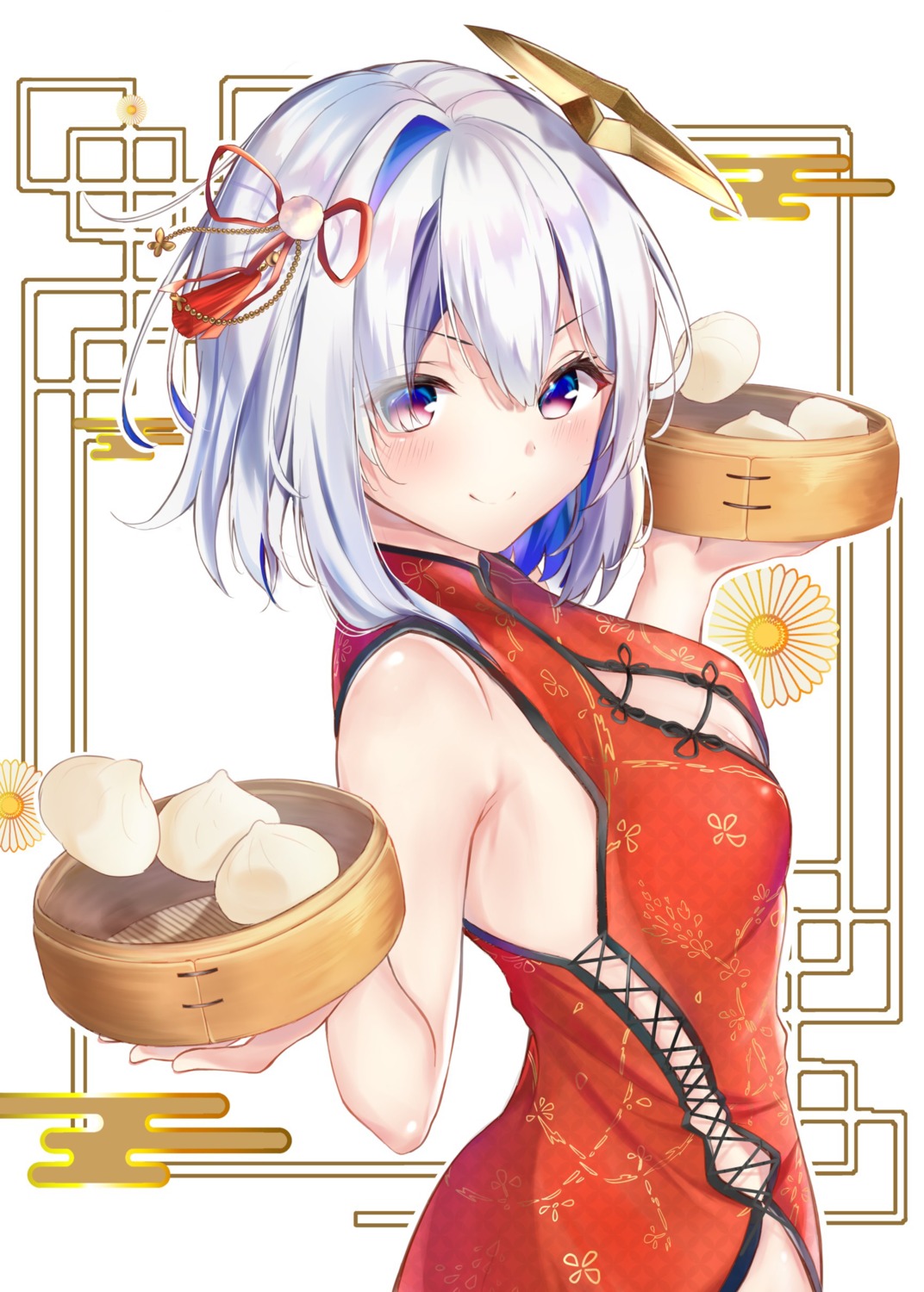 amane_kanata chinadress cleavage halo hololive no_bra taracomax waitress